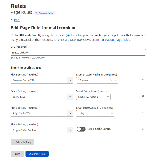Screenshot of a custom Cloudflare page rule displaying the options necessary to cache all content explicitly.